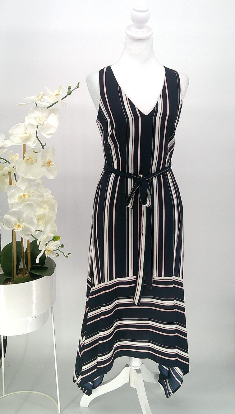 Vince Camuto Womens Size 4 Black Stripe Handkerchief Hem V-Neck A-Line Dress